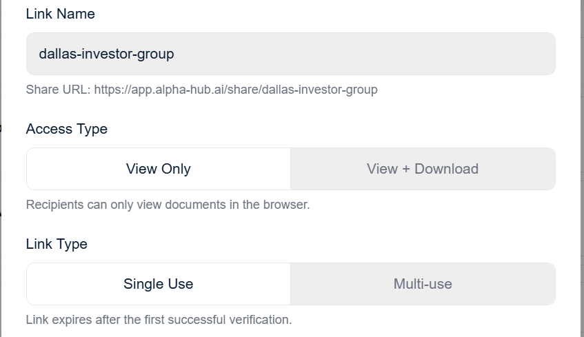 Alpha Hub data room — creating and sharing custom investor links