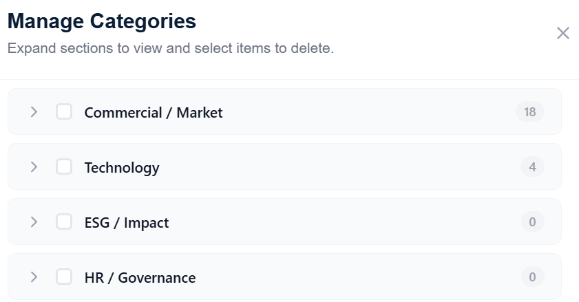 Alpha Hub data room — document categories for organized investor due diligence