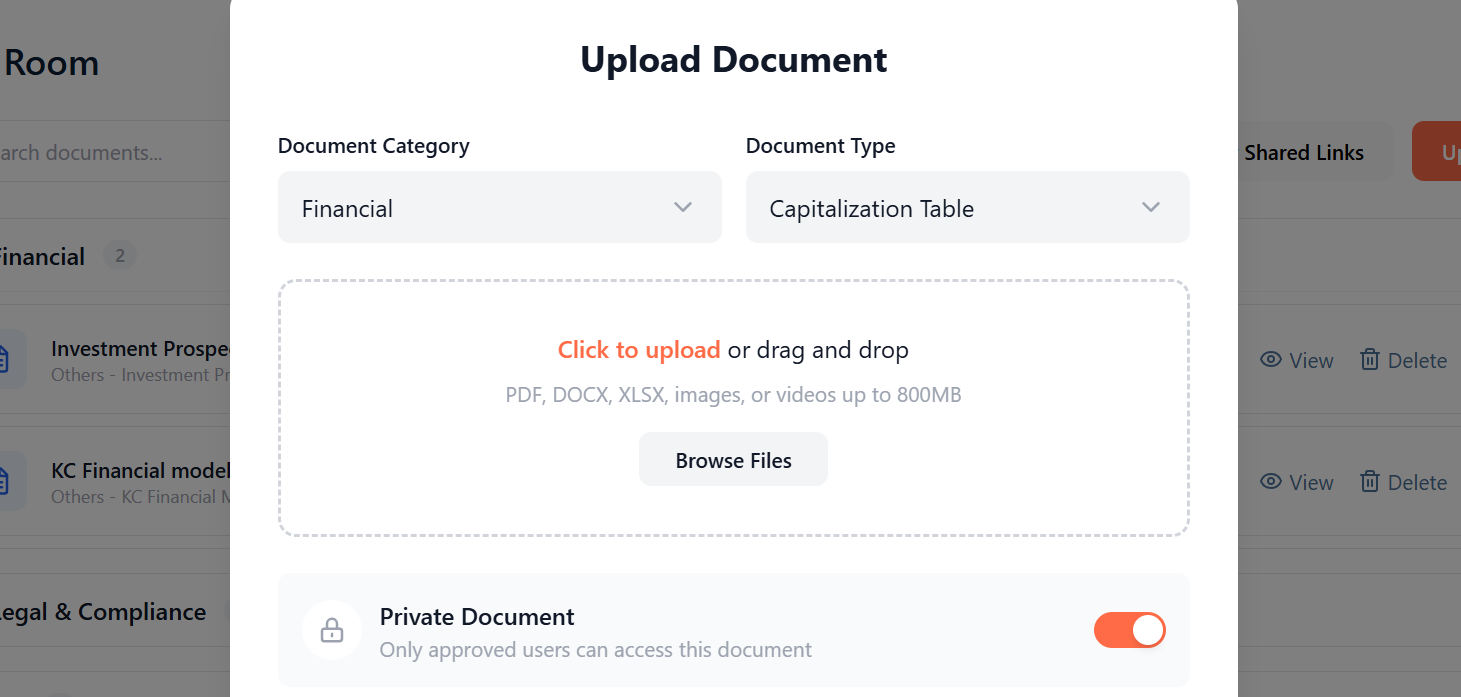 Alpha Hub data room — uploading investor documents securely