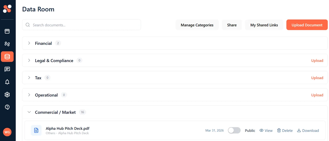Alpha Hub data room — document view with shareable investor link