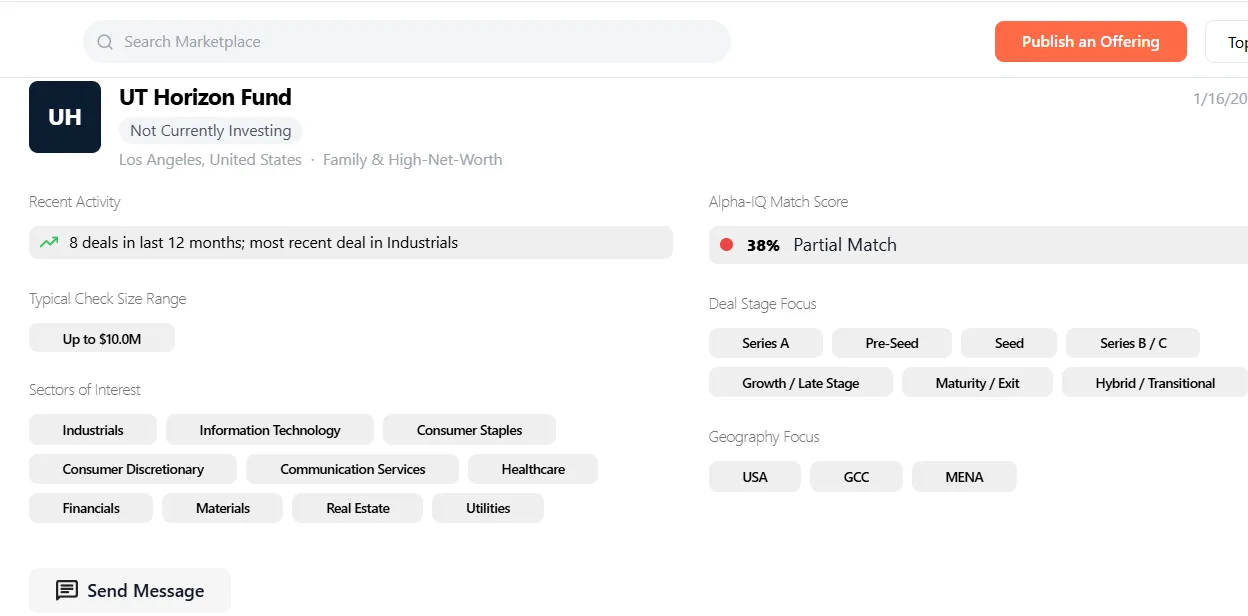 Alpha Hub marketplace — browse investor opportunities and startup profiles