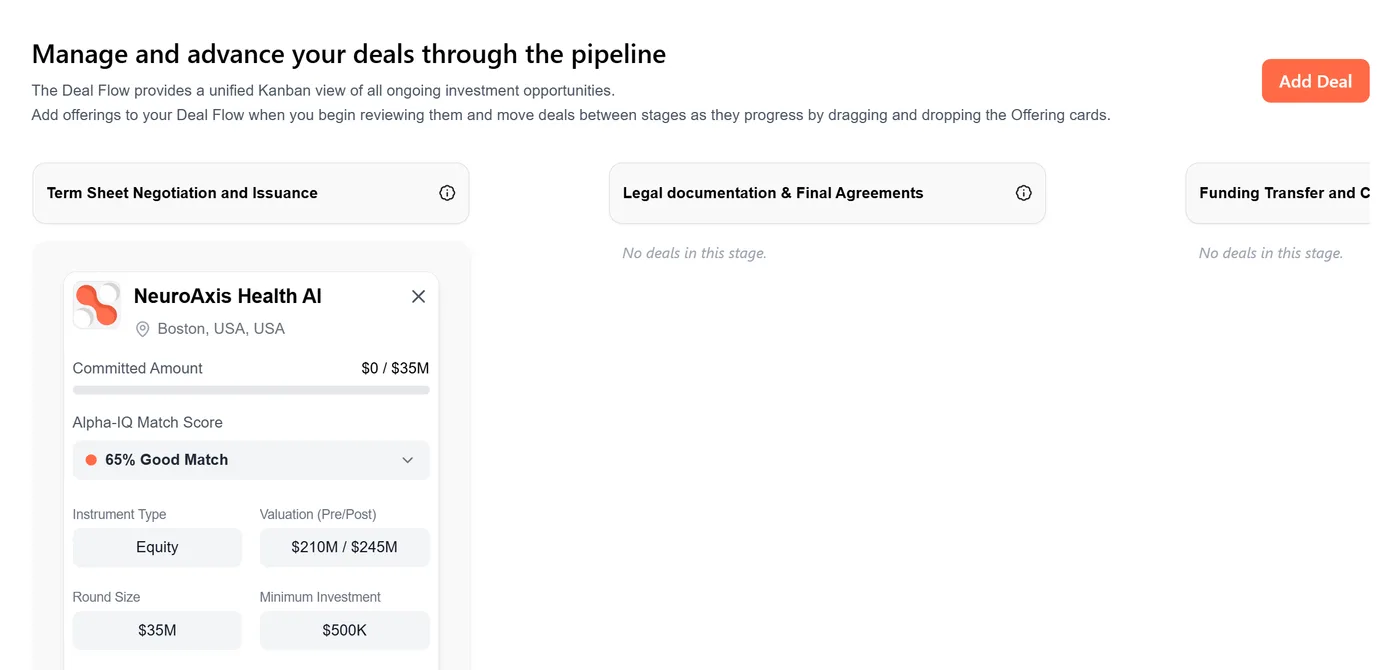 Alpha Hub private equity CRM — kanban pipeline view showing deal stages