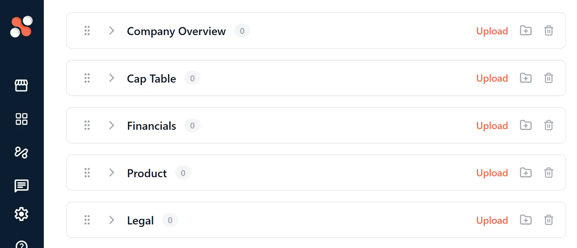Alpha Hub's five-folder data room structure: Company Overview, Cap Table, Financials, Product, and Legal