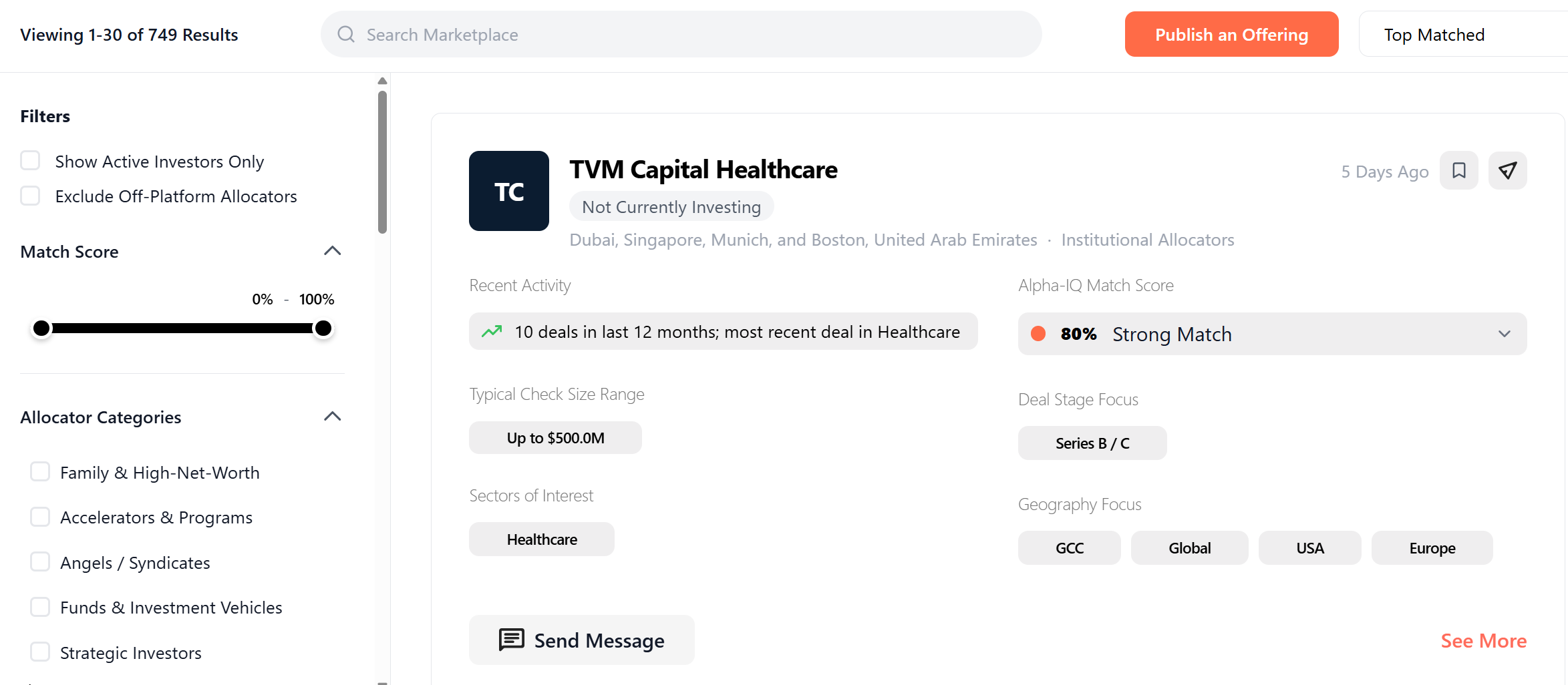 Alpha Hub marketplace: investor database search with filters by stage, sector, and geography