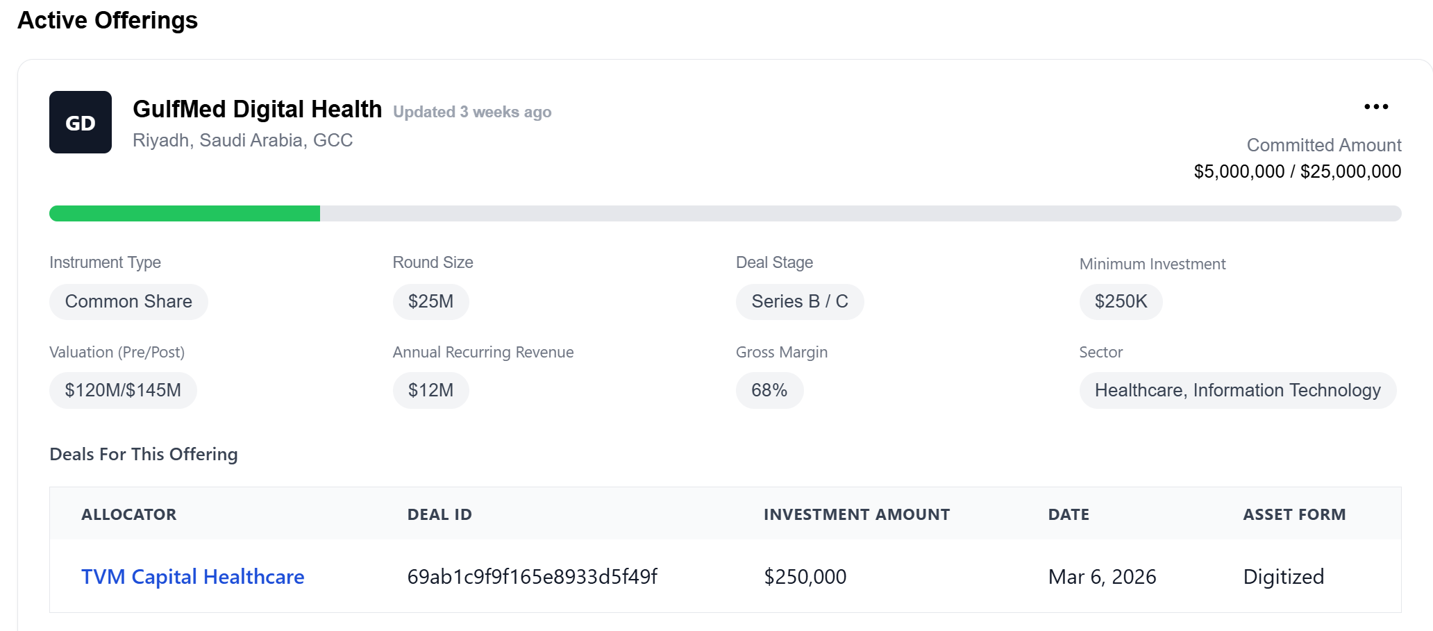 Alpha Hub marketplace: company listing card showing raise details and company overview